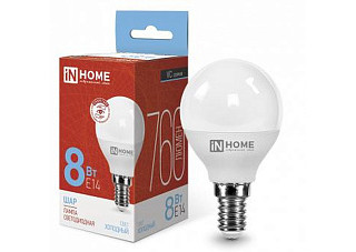 Лампа светодиодная IN HOME LED-ШАР-VC 8Вт 230В Е14 6500К 760Лм (882)