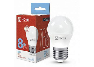 Лампа светодиодная IN HOME LED-ШАР-VC 8Вт 230В Е27 6500К 760Лм (905)