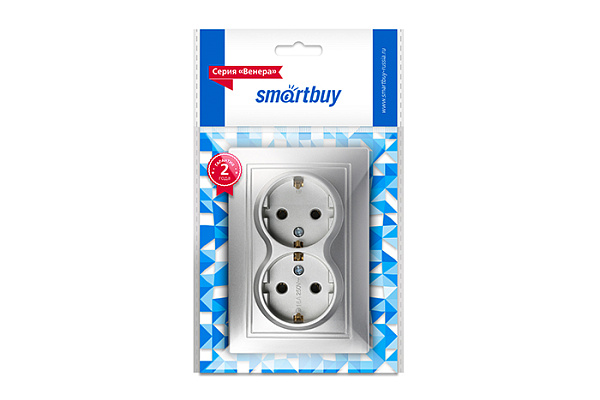 Розетка SMARTBUY Венера двойная 1-местная с/з 16А, серебро (SBE-01s-16-S2-Z-c) (355)