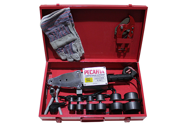 Сварочный аппарат для ППР труб РЕСАНТА АСПТ-2000 (2000Вт,20-63мм,уровень,ножницы,рукавицы,рулетка)