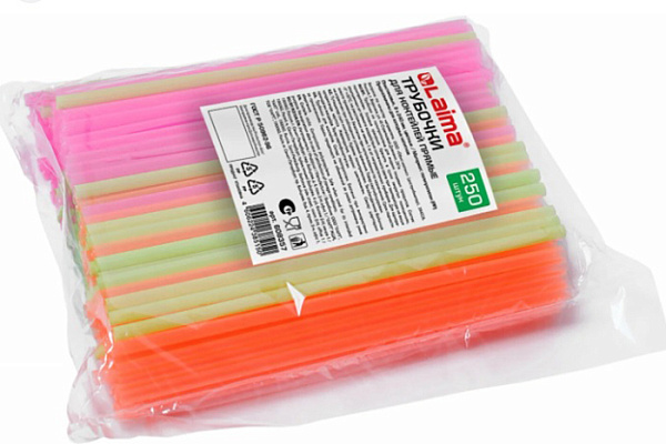 Трубочки для коктейлей прямые, пластиковые, 8х240 мм, цветные, КОМПЛЕКТ 250 штук, ЛАЙМА (608357)