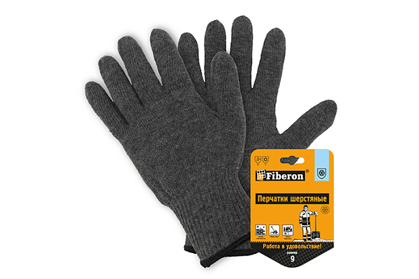 Перчатки вязаные шерстяные FIBERON (70% шерсть+30% акрил, с начесом), без покр.,10 кл,серые, 9L(809)