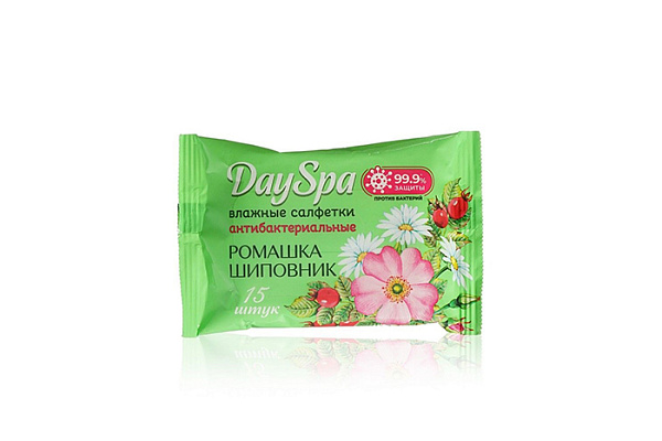 Салфетки влажные DAY SPA антибактериальные ромашка шиповник 15шт