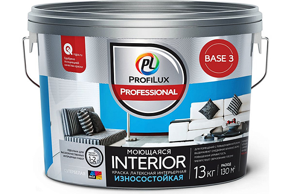 Краска ВД ProfiluxProfessional INTERIOR моющ.изностойкая лaтекс для стен и потолков, белая (13,0кг)