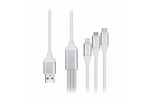Дата-кабель Smartbuy USB 3в1 Micro+C+8pin резин толст 1.2 м до 3А белый (iK-312QBOMB white) (425)