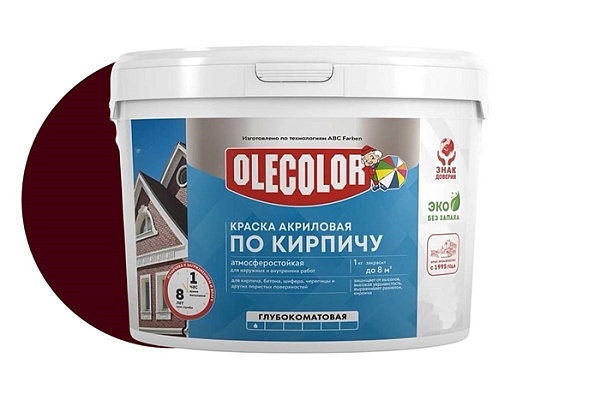 Краска акриловая OLECOLOR атмосферостойкая по кирпичу, красно-коричневый (3,0кг) 