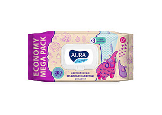 Салфетки влажные AURA ULTRA COMFORT для детей big-pack с крышкой 200шт / 12 (095)