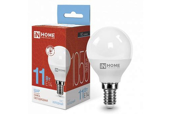 Лампа светодиодная IN HOME LED-ШАР-VC 11Вт 230В Е14 6500К 1050Лм 10/100 (4929)