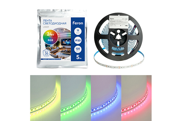 Лента светодиодная FERON 120SMD(5050)/м 11Вт/м 24V 5000х10х1.5мм RGB 5м/уп LS501  51823