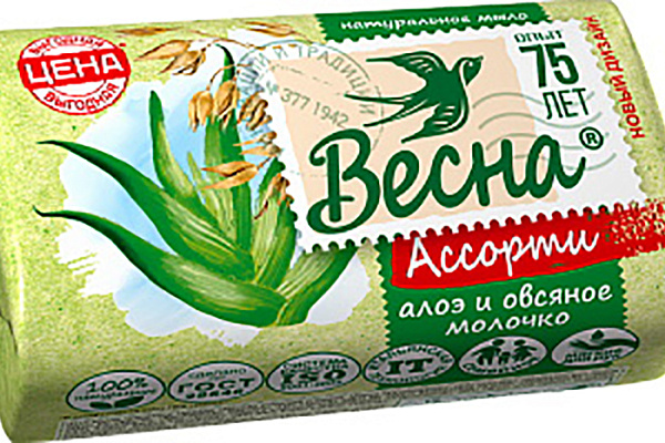 Мыло туалетное ВЕСНА ассорти алоэ и овсяное молочко 140г (1/44)