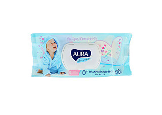 Салфетки влажные AURA детские АЛОЭ с витамином Е с крышкой 120шт (733)