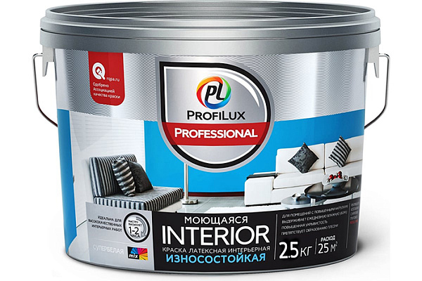 Краска ВД ProfiluxProfessional INTERIOR моющаяся, лaтексная для стен и потолков, белая (2,5кг)