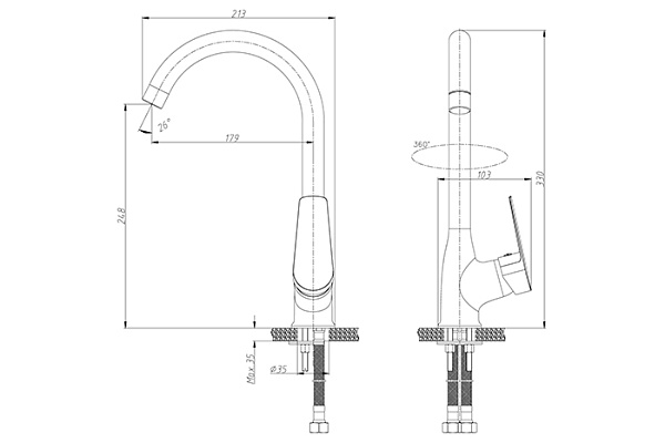 Смеситель для кухни Rossinka (Излив-поворотный, Картридж-35мм, Шпилька, однорычажный) (S35-23)