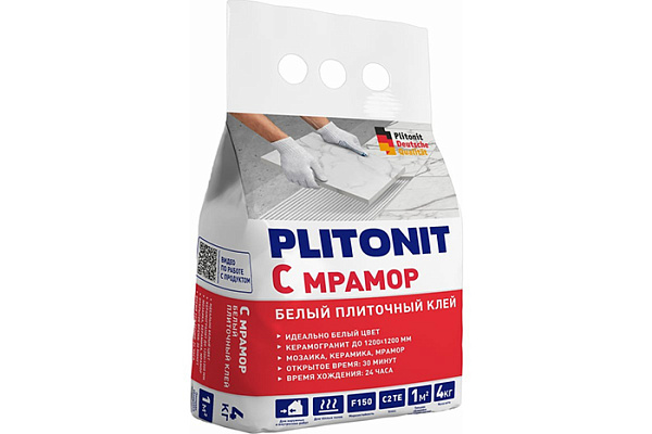 Клей для плитки PLITONIT С мрамор белый пакет 4кг H006387