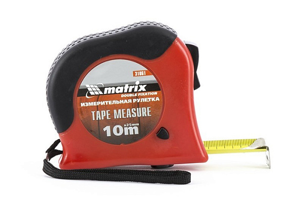 Рулетка MATRIX Double fixation 10м х 25мм прорезиненный корпус 2-я плавная фиксация (31061) (1/50)