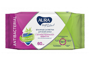 Салфетки влажные AURA tropic cocktail с антибактериальным эффектом большая упаковка 60шт /24 (974)