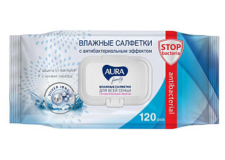 Салфетки влажные AURA антибактериальные д/всей семьи, с крышкой 120шт /12 (342)
