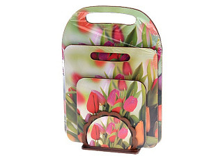 Комплект КМ-6 "Тюльпаны" (Доска разд, Доска малая, Подставка под горячее 14 см., Салфетница).