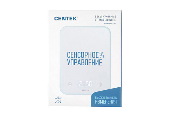 Весы кухонные Centek CT-2480 LED WHITE, сенсор, 150х15х205мм, max 5кг, шаг 1г, Авто Ноль/Выкл