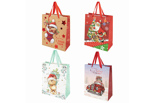 Пакет подарочный новогодний 3D Large ЗОЛОТАЯ СКАЗКА 26x32x13см ассорти 1шт 592119