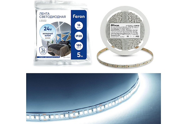 Лента светодиодная FERON 180SMD(2835)/м 16Вт/м 24V 5000х10х1.22мм 6000К 5м/уп LS502 41529 (844)