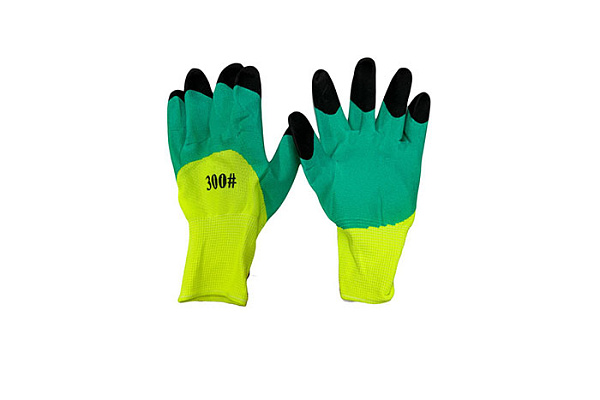 Перчатки нейлоновые салатовые, облив Чёрные пальцы, усиленные,серия Люкс 3/4, В12/12/720