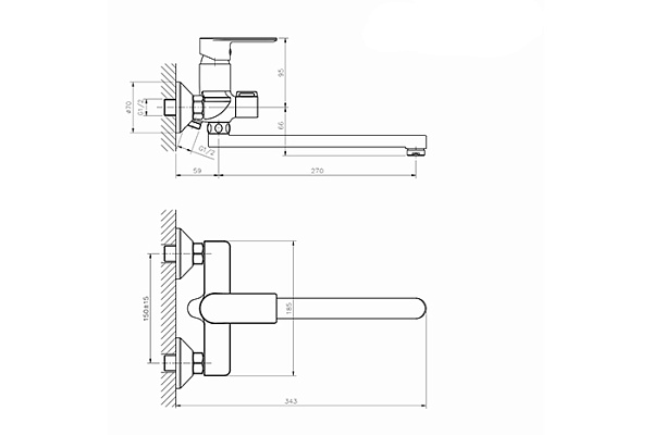 Смеситель для ванны и раковины 35k MIXLINE ML26-02 Life (Латунь,Длина излива 27см,Картридж 35мм)