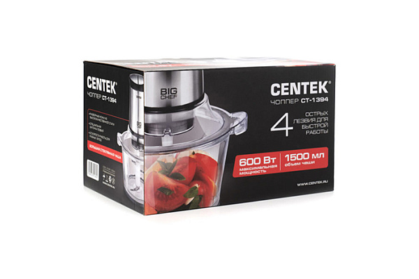 Чоппер Centek CT-1394 Сталь 600Вт, 2 скорости, разборные ножи, стеклянная чаша (1,5л)