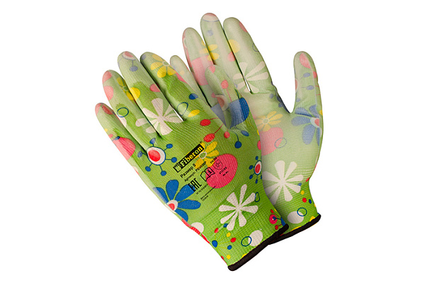 Перчатки полиэстер Fiberon с полиуретановым покрытием садовые микс цветов 8 M/120/1 PR-PU054 (702)