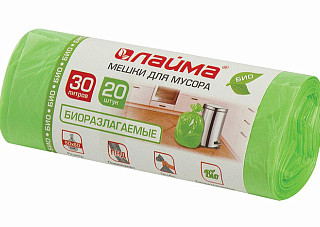 Мешки для мусора ПНД 30л. биоразлагаемые, зеленые 20шт. 10мкм. 50х60см. ЛАЙМА (601400)(478)