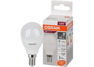 Лампа светодиодная OSRAM LED 7Вт E14 6500К 560Лм шарик 220В (замена 60Вт) (9682)