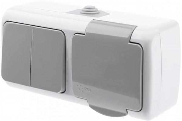 Блок розеток с выключателем INTRO ATLANTIC 2-кл. открытой установки IP54 (5-702-03) (Б0050948) 287